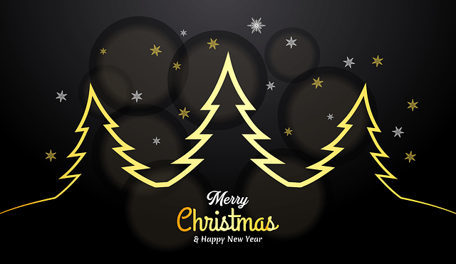 Image by sumit kumar from Pixabay
Goldene Silhouette von Tannenbäumen mit Schriftzug "Merry Christmas & Happy New Year" auf schwarzem Grund. 